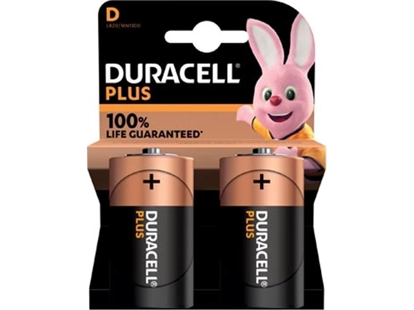 Een Duracell batterij Plus 100% D, blister van 2 stuks koop je bij Muys Kantoor & Kado