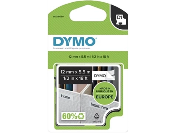 Een Dymo D1 permanente polyestertape 12 mm, zwart op wit koop je bij Muys Kantoor & Kado