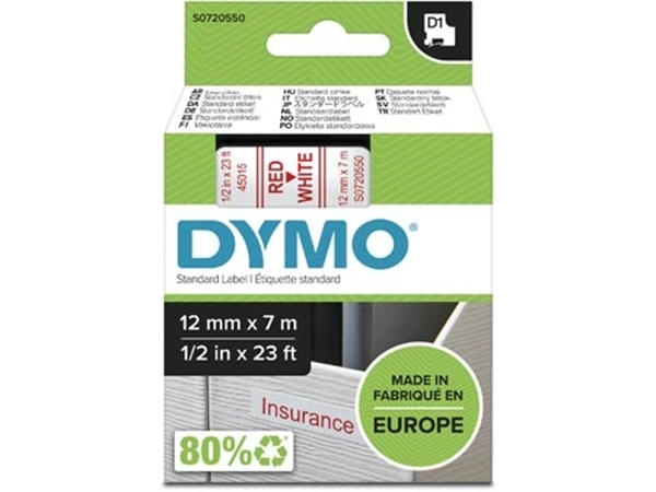 Een Dymo D1 tape 12 mm, rood op wit koop je bij Muys Kantoor & Kado