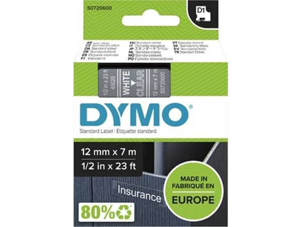 Een Dymo D1 tape 12 mm, wit op transparant koop je bij Muys Kantoor & Kado