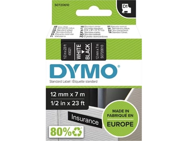 Een Dymo D1 tape 12 mm, wit op zwart koop je bij Muys Kantoor & Kado