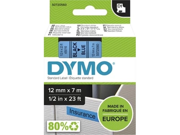 Een Dymo D1 tape 12 mm, zwart op blauw koop je bij Muys Kantoor & Kado