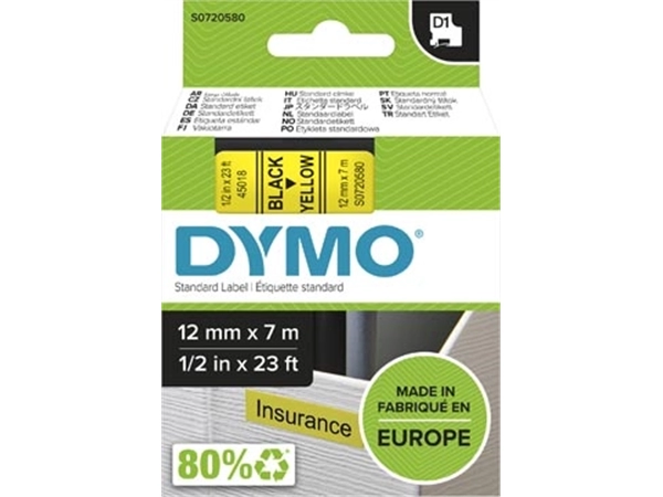 Een Dymo D1 tape 12 mm, zwart op geel koop je bij Muys Kantoor & Kado