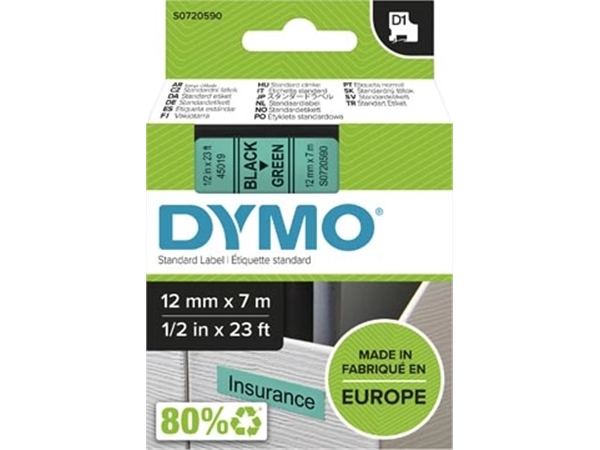 Een Dymo D1 tape 12 mm, zwart op groen koop je bij Muys Kantoor & Kado