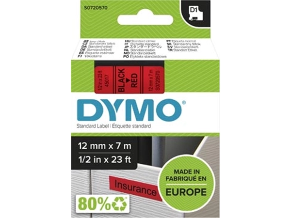 Een Dymo D1 tape 12 mm, zwart op rood koop je bij Muys Kantoor & Kado