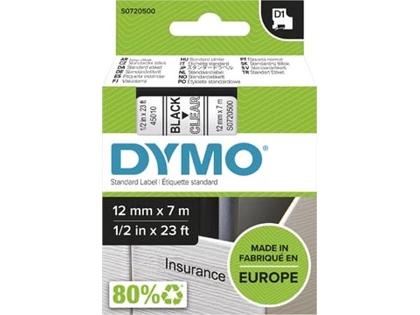 Een Dymo D1 tape 12 mm, zwart op transparant koop je bij Muys Kantoor & Kado