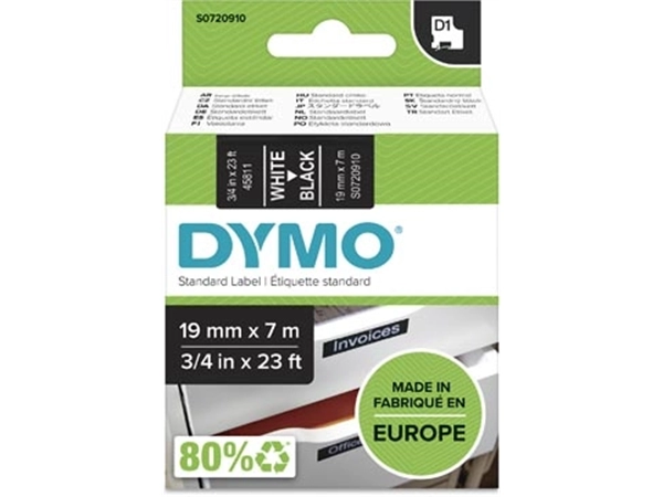 Een Dymo D1 tape 19 mm, wit op zwart koop je bij Muys Kantoor & Kado