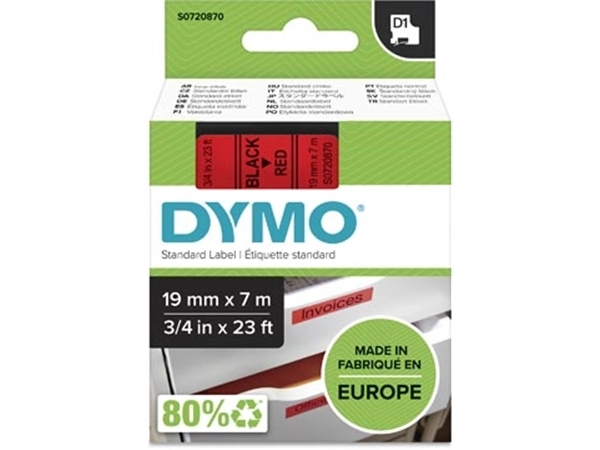 Een Dymo D1 tape 19 mm, zwart op rood koop je bij Muys Kantoor & Kado