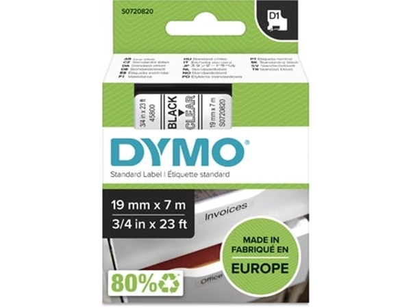 Een Dymo D1 tape 19 mm, zwart op transparant koop je bij Muys Kantoor & Kado