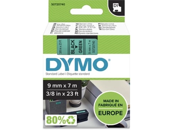 Een Dymo D1 tape 9 mm, zwart op groen koop je bij Muys Kantoor & Kado