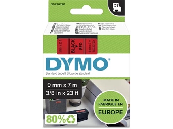 Een Dymo D1 tape 9 mm, zwart op rood koop je bij Muys Kantoor & Kado