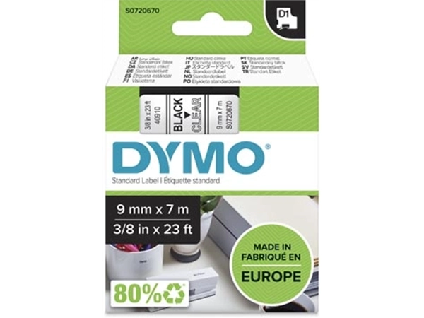 Een Dymo D1 tape 9 mm, zwart op transparant koop je bij Muys Kantoor & Kado