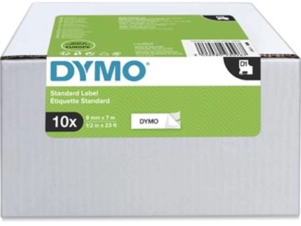 Een Dymo D1 tape 9 mm, zwart op wit, pak van 10 stuks koop je bij Muys Kantoor & Kado