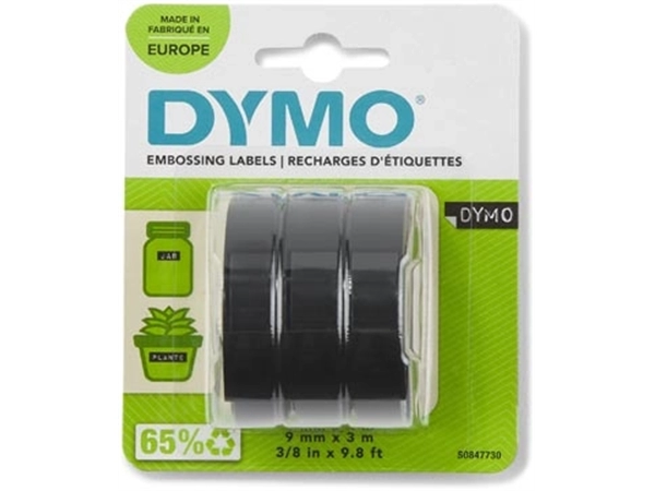 Een Dymo D3 tape 9 mm, wit op zwart, blister van 3 stuks koop je bij Muys Kantoor & Kado