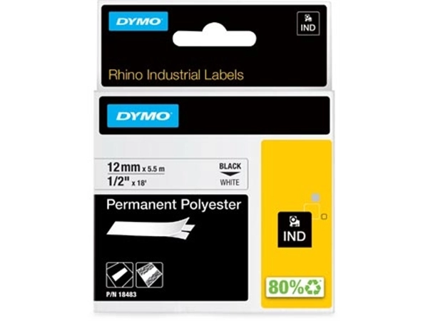 Een Dymo RHINO permanente polyester tape 12 mm, zwart op wit koop je bij Muys Kantoor & Kado