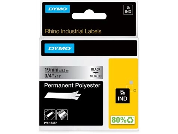 Een Dymo RHINO tape permanent polyester 19 mm, zwart op metaal koop je bij Muys Kantoor & Kado