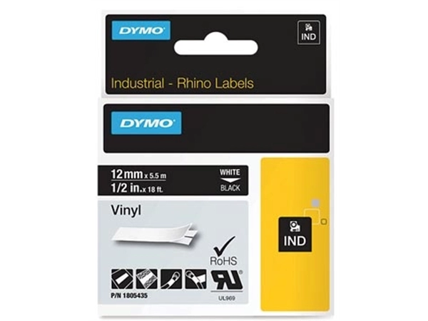 Een Dymo RHINO vinyltape 12 mm, wit op zwart koop je bij Muys Kantoor & Kado