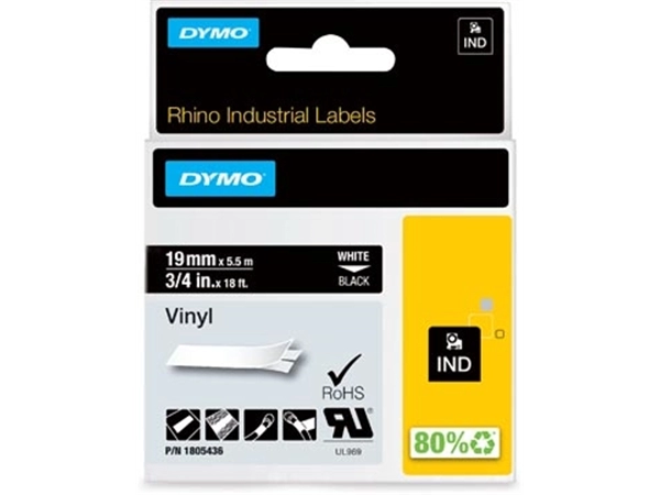 Een Dymo RHINO vinyltape 19 mm, wit op zwart koop je bij Muys Kantoor & Kado