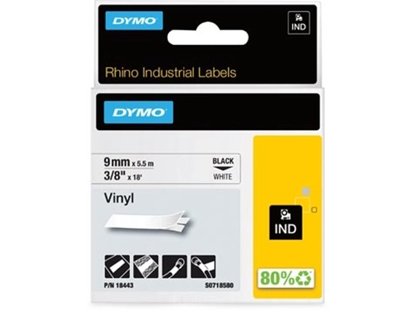 Een Dymo RHINO vinyltape 9 mm, zwart op wit koop je bij Muys Kantoor & Kado