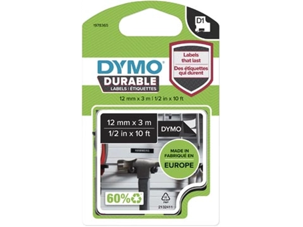 Een Dymo duurzame D1 tape 12 mm x 3 m, wit op zwart koop je bij Muys Kantoor & Kado