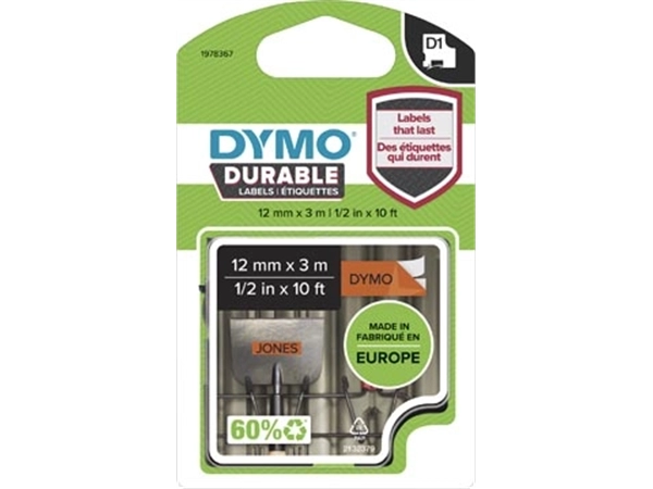 Een Dymo duurzame D1 tape 12 mm x 3, zwart op oranje koop je bij Muys Kantoor & Kado