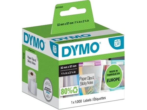 Een Dymo etiketten LabelWriter ft 57 x 32 mm, verwijderbaar, wit, 1000 etiketten koop je bij Muys Kantoor & Kado