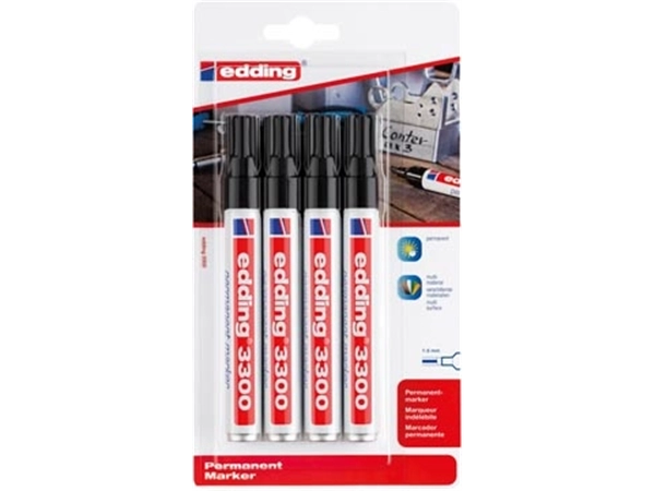 Een Edding permanent marker 3300 blister met 4 stuks, zwart koop je bij Muys Kantoor & Kado