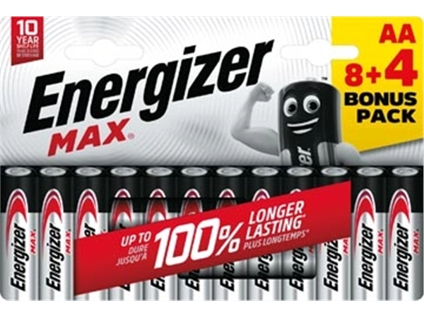 Een Energizer batterijen Max AA, blister van 8 stuks + 4 stuks gratis koop je bij Muys Kantoor & Kado