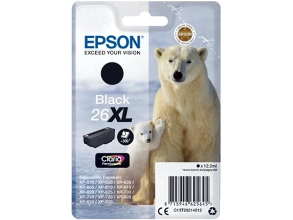 Een Epson inktcartridge 26XL, 500 pagina's, OEM C13T26214012, zwart koop je bij Muys Kantoor & Kado