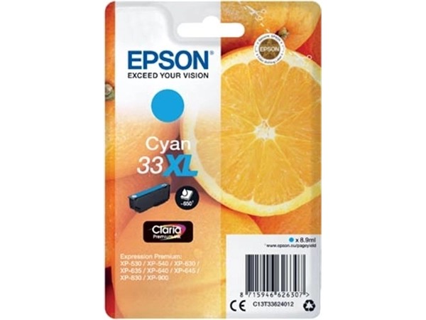 Een Epson inktcartridge 33XL, 650 pagina's, OEM C13T33624012, cyaan koop je bij Muys Kantoor & Kado