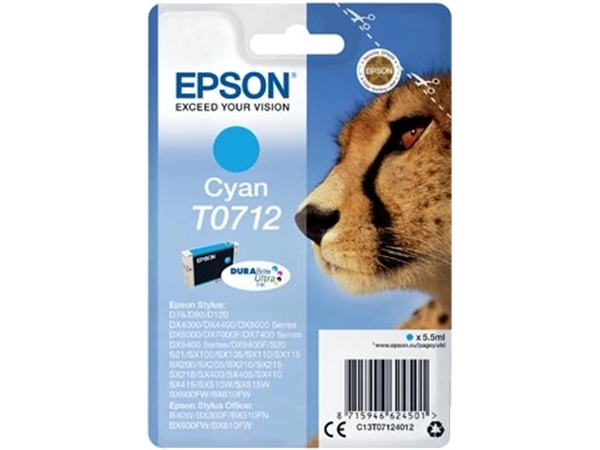 Een Epson inktcartridge T0712, 345 pagina's, OEM C13T07124012, cyaan koop je bij Muys Kantoor & Kado