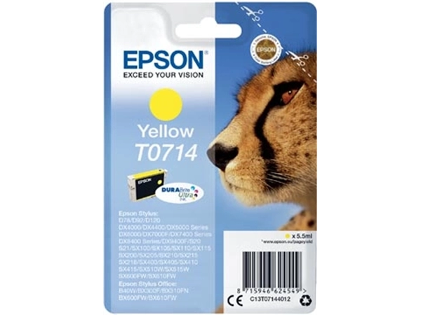 Een Epson inktcartridge T0714, 415 pagina's, OEM C13T07144012, geel koop je bij Muys Kantoor & Kado