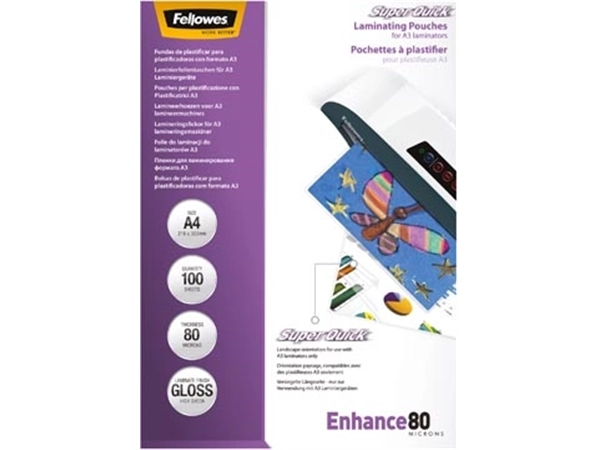 Een Fellowes Super Quick lamineerhoes Enhance80 ft A4, 160 micron (2 x 80 micron), pak van 100 stuks koop je bij Muys Kantoor & Kado