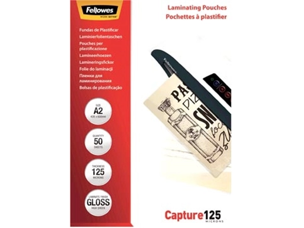 Een Fellowes lamineerhoes Capture125 ft A2, 250 micron (2 x 125 micron), pak van 50 stuks koop je bij Muys Kantoor & Kado