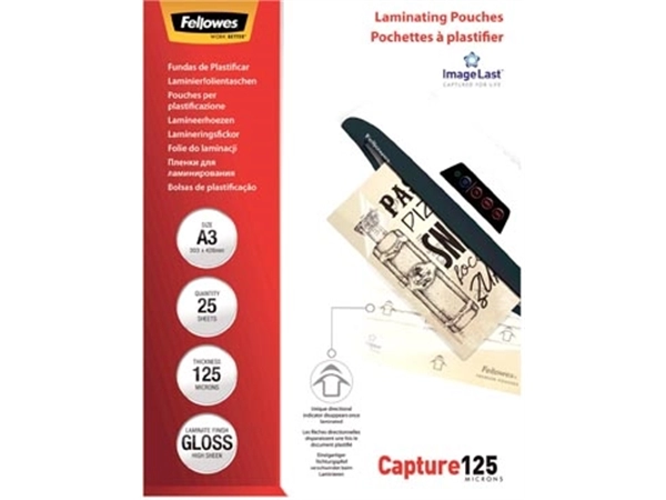 Een Fellowes lamineerhoes Capture125 ft A3, 250 micron (2 x 125 micron), pak van 25 stuks koop je bij Muys Kantoor & Kado