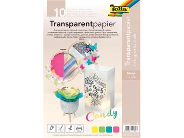 Een Folia transparant papier, pak van 10 vel in 5 geassorteerde kleuren koop je bij Muys Kantoor & Kado