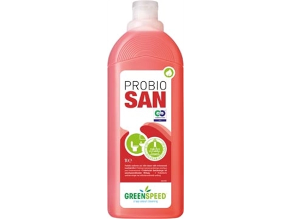 Een Greenspeed Probio San sanitairreiniger, fles van 1 l koop je bij Muys Kantoor & Kado