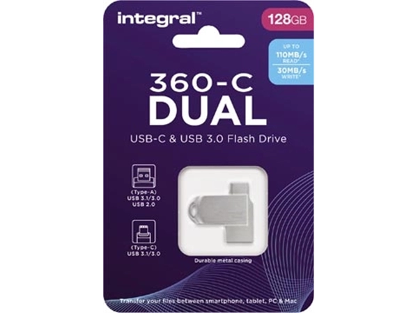 Een Integral 360-C Dual USB-C & USB 3.0 stick, 128 GB koop je bij Muys Kantoor & Kado