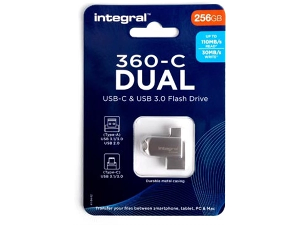 Een Integral 360-C Dual USB-C & USB 3.0 stick, 256 GB koop je bij Muys Kantoor & Kado