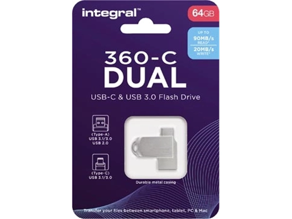 Een Integral 360-C Dual USB-C & USB 3.0 stick, 64 GB koop je bij Muys Kantoor & Kado