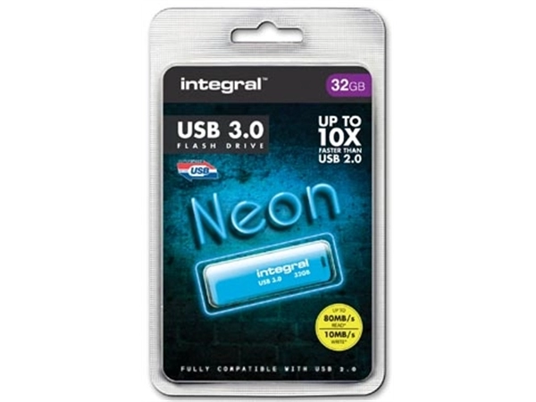 Een Integral Neon USB 3.0 stick, 32 GB, blauw koop je bij Muys Kantoor & Kado