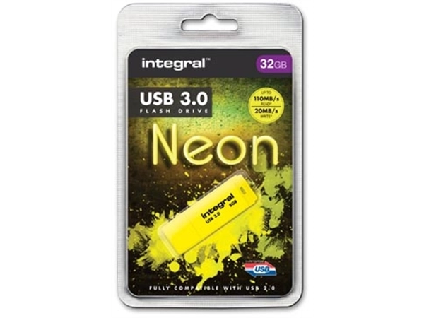 Een Integral Neon USB 3.0 stick, 32 GB, geel koop je bij Muys Kantoor & Kado