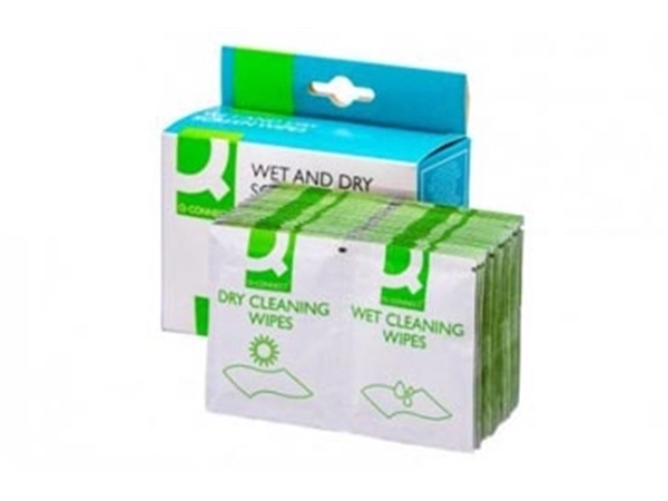 Een Q-CONNECT Wet & Dry beeldschermreinigingsdoekjes, doos van 20 paar (1 Wet en 1 Dry) koop je bij Muys Kantoor & Kado