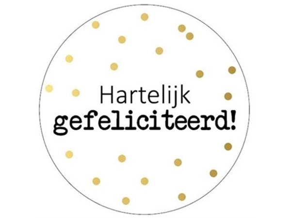 Een KP etiket "Hartelijk gefeliciteerd + stippen", diameter 40 mm, rol van 250 stuks koop je bij Muys Kantoor & Kado