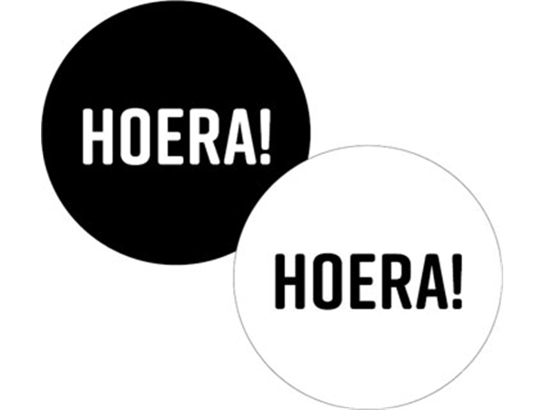 Een KP etiket "Hoera!", diameter 40 mm, 2 varianten, rol van 250 stuks koop je bij Muys Kantoor & Kado