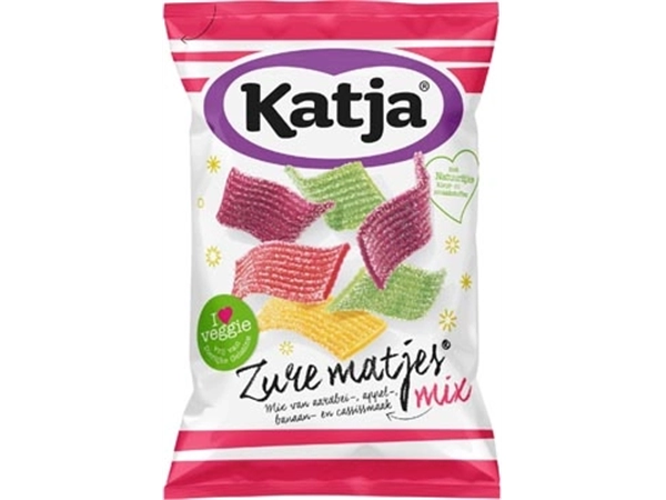 Een Katja Zure Matjes snoep, mix van aardbei-, appel-, banaan- en cassissmaak, zak van 250 g koop je bij Muys Kantoor & Kado