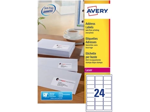 Een Avery L7159, Adresetiketten, Laser, Ultragrip, wit, 250 vellen, 24 per vel, 63,5 x 33,9 mm koop je bij Muys Kantoor & Kado