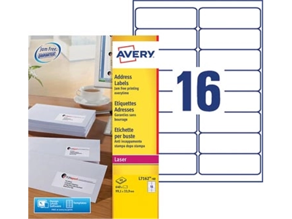 Een Avery L7162, Adresetiketten, Laser, Ultragrip, wit, 40 vellen, 16 per vel, 99,1 x 33,9 mm koop je bij Muys Kantoor & Kado