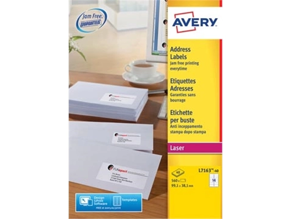 Een Avery L7163, Adresetiketten, Laser, Ultragrip, wit, 40 vellen, 14 per vel, 99,1 x 38,1 mm koop je bij Muys Kantoor & Kado