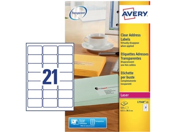 Een Avery L7560-25 adresetiketten ft 63,5 x 38,1 mm (b x h), 525 etiketten, transparant koop je bij Muys Kantoor & Kado